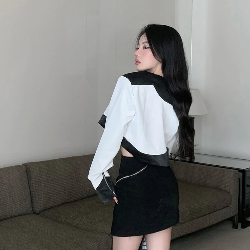 Cropped PU Leather Jacket Women Patchwork Motorcycle Short Coat Vintage Streetwear