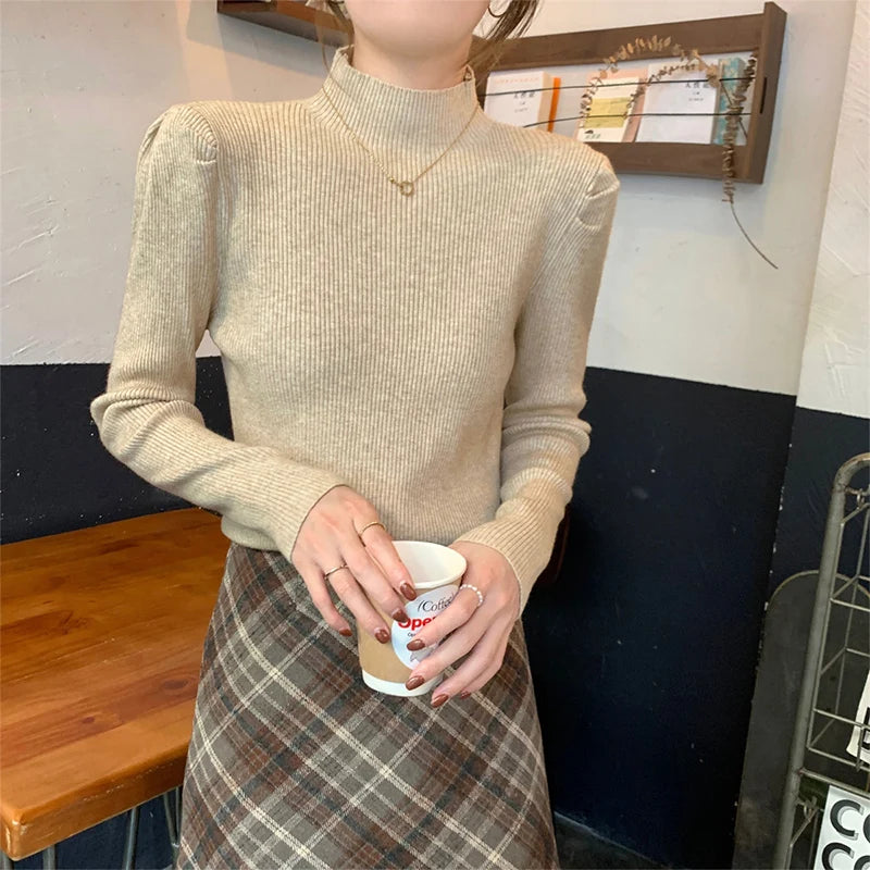 Puff Sleeve Knit Sweater – Half-High Collar, Loose Fit