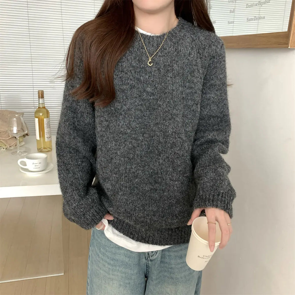 Solid O-Neck Loose Sweater – Long Sleeve Knit