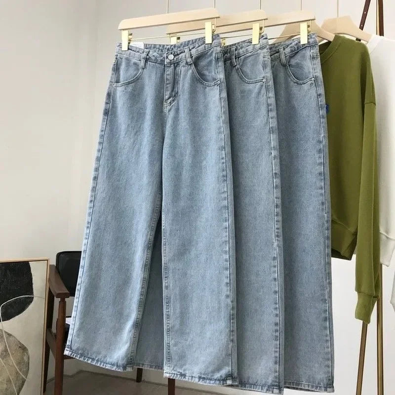 Light Blue Denim Trousers – Vintage Wide Leg Straight Long Pants with Belt