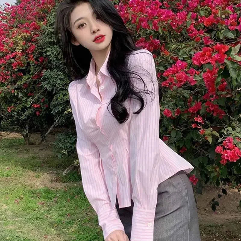 Pink Striped Shirt – V-Neck Folded Crop Top