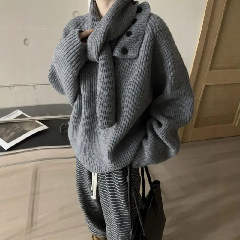 Removable Scarf Knit Sweater – Solid Color, Loose Fit