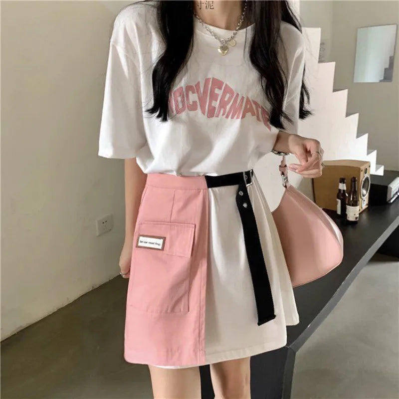 Patchwork Mini Skirt Two-Piece Set – Short Sleeve Top + Skirt