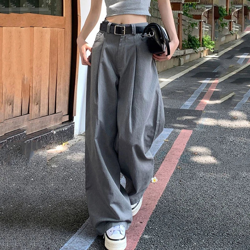 Streetwear Wide Leg Baggy Jeans – High Waist Loose Gray Trousers