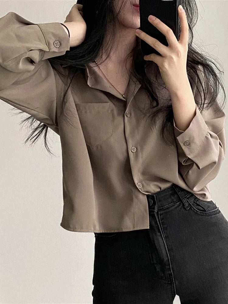 Solid Long Sleeve Button-Up Blouse – Chiffon & Short Style