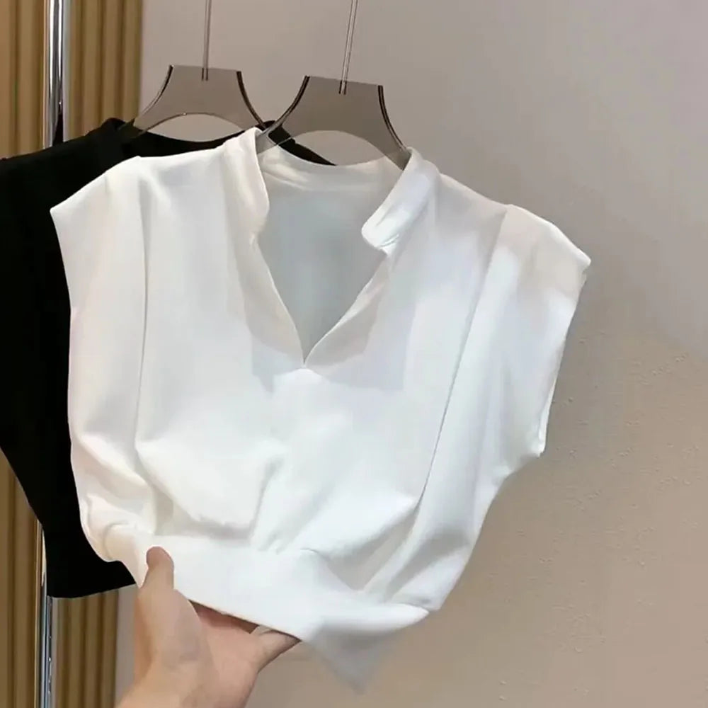High Waist Sleeveless V-Neck T-Shirt – Casual Solid Color Top