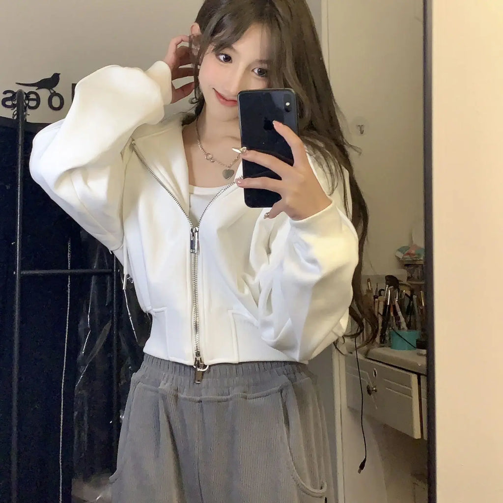 White Zip-Up Hoodie Jacket – Double Sweatshirt Layer