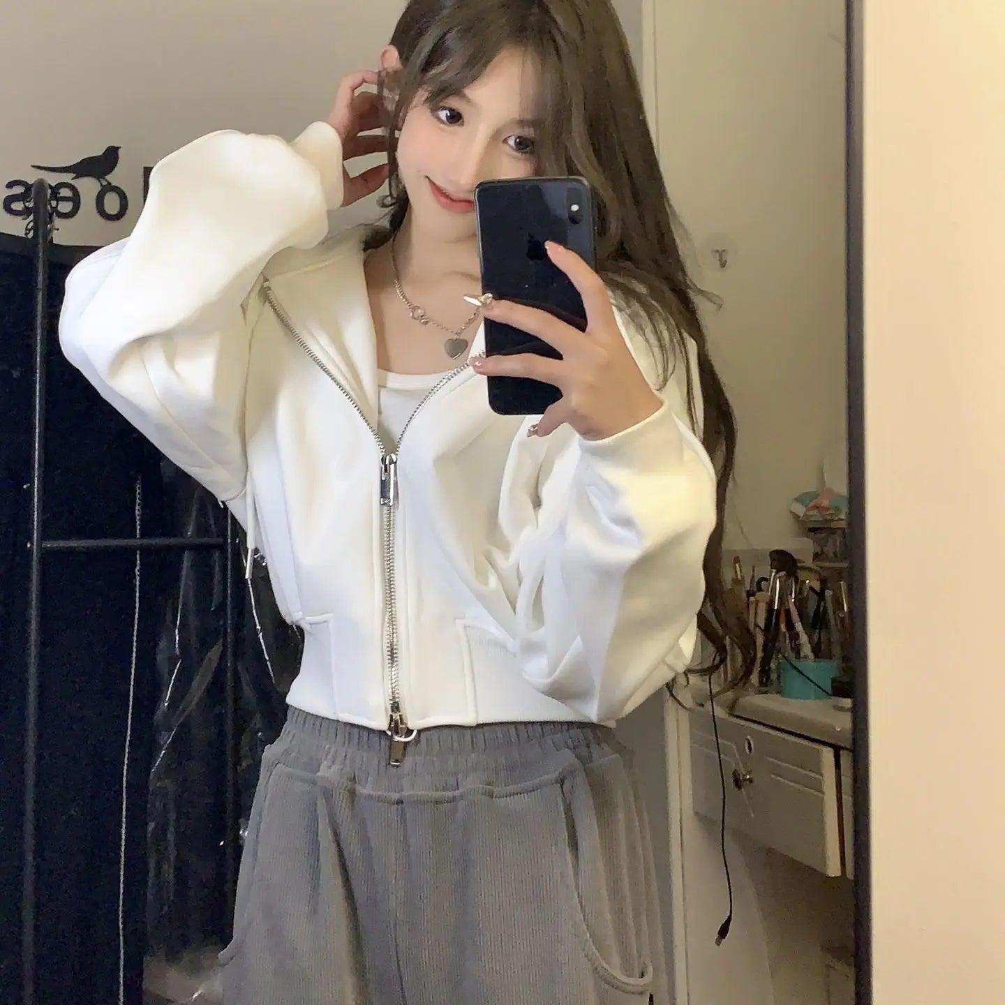 White Zip-Up Hoodie Jacket – Double Sweatshirt Layer