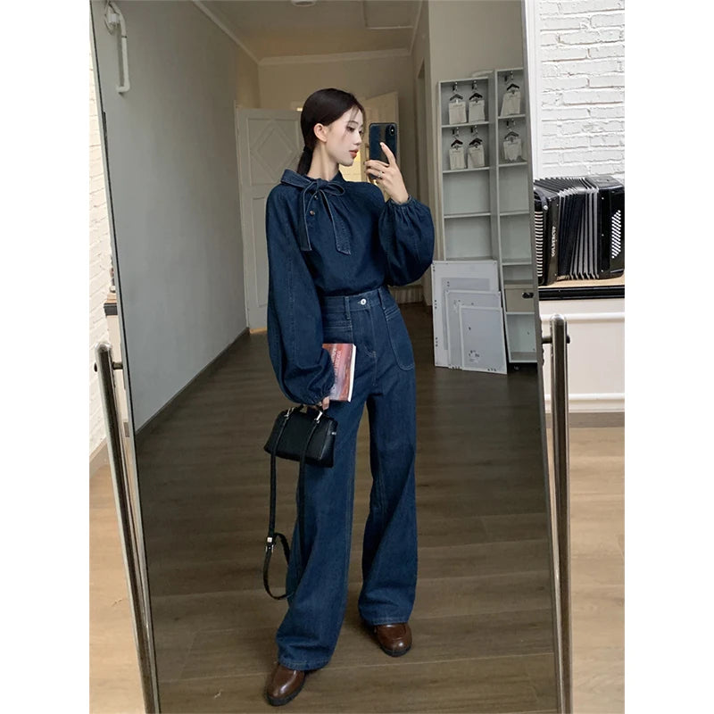 Denim Shirt – Puff Long Sleeve Bandage Blouse