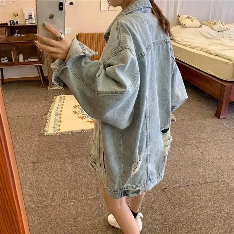 Ripped Oversized Denim Jacket – Vintage Wash
