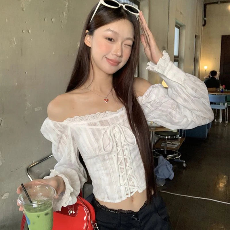 Off-Shoulder White Blouse – Lace Tie Closure