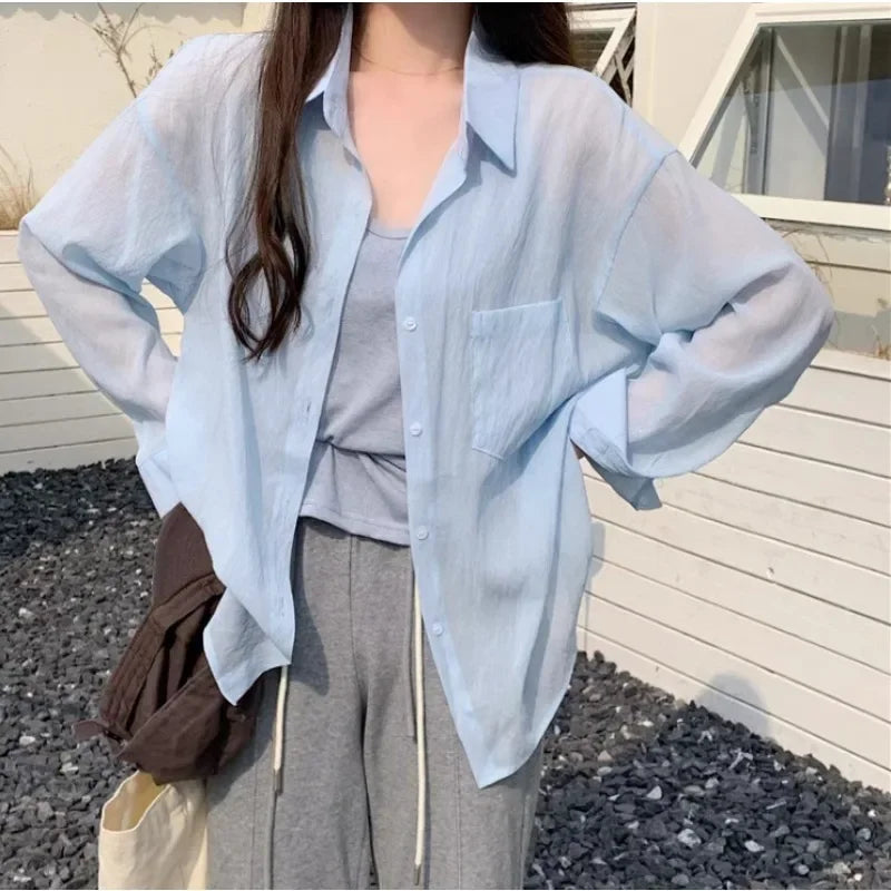Sheer Knit Blouse – See-Through Loose V-Neck Top