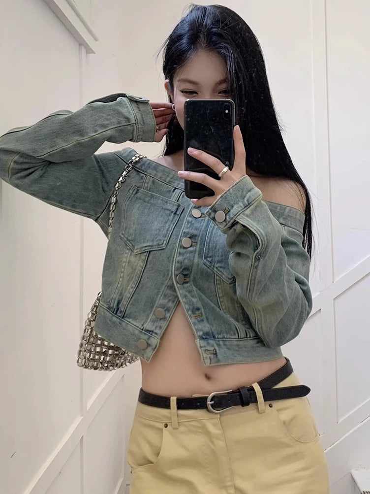Off-Shoulder Button Jean Shirt – Casual Denim Style