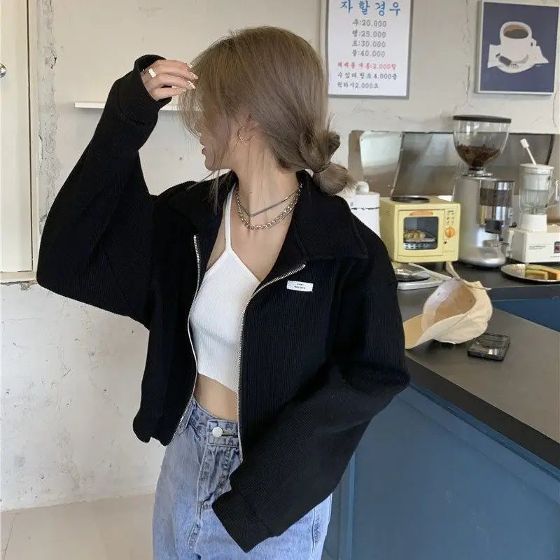 Zip-Up Crop Jacket – Casual Turn-Down Collar