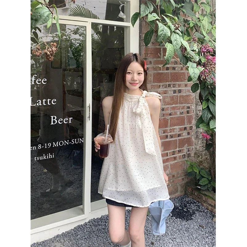 Sweet Dot Bow Blouse – Bandage Halter Top