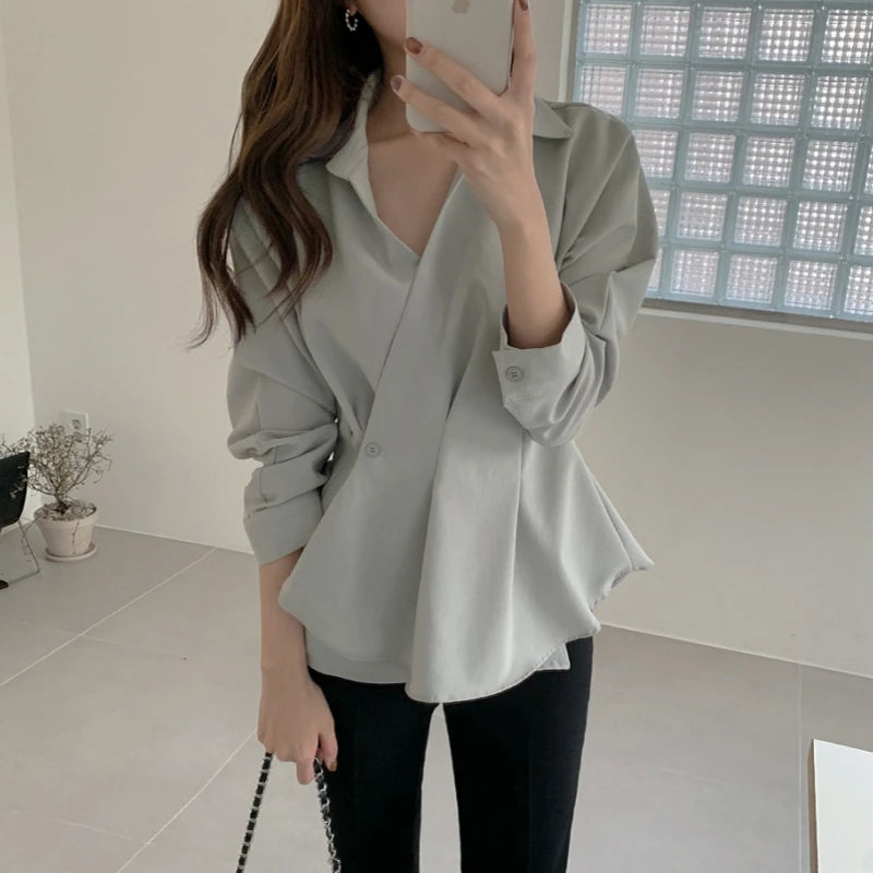 Elegant Ruffle Long Sleeve Cross V-Neck Blouse