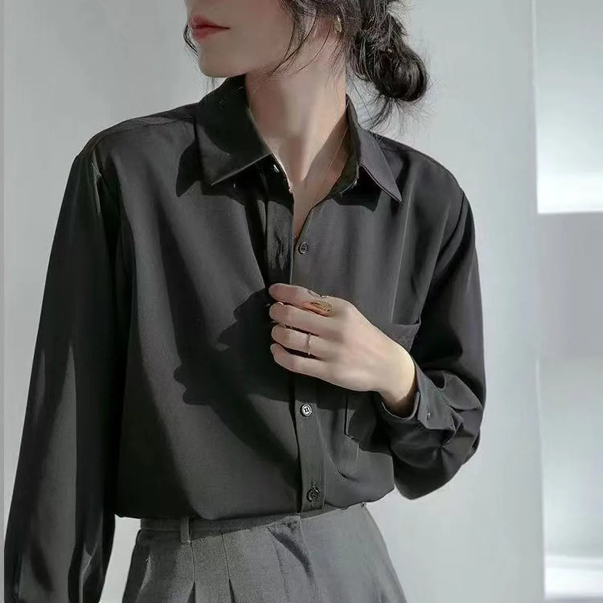 Long Sleeve Elegant Blouse – Loose Fit Office Wear