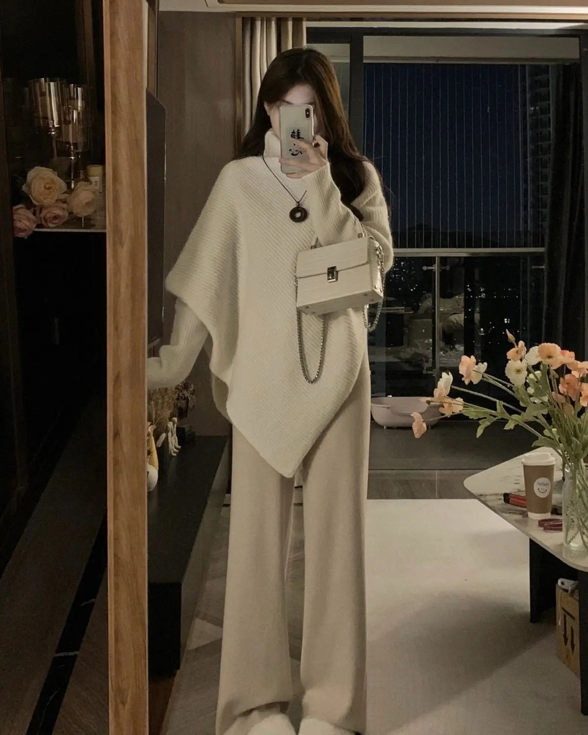 Off-White Turtleneck Knit Sweater – Slim Fit Warm Pullover