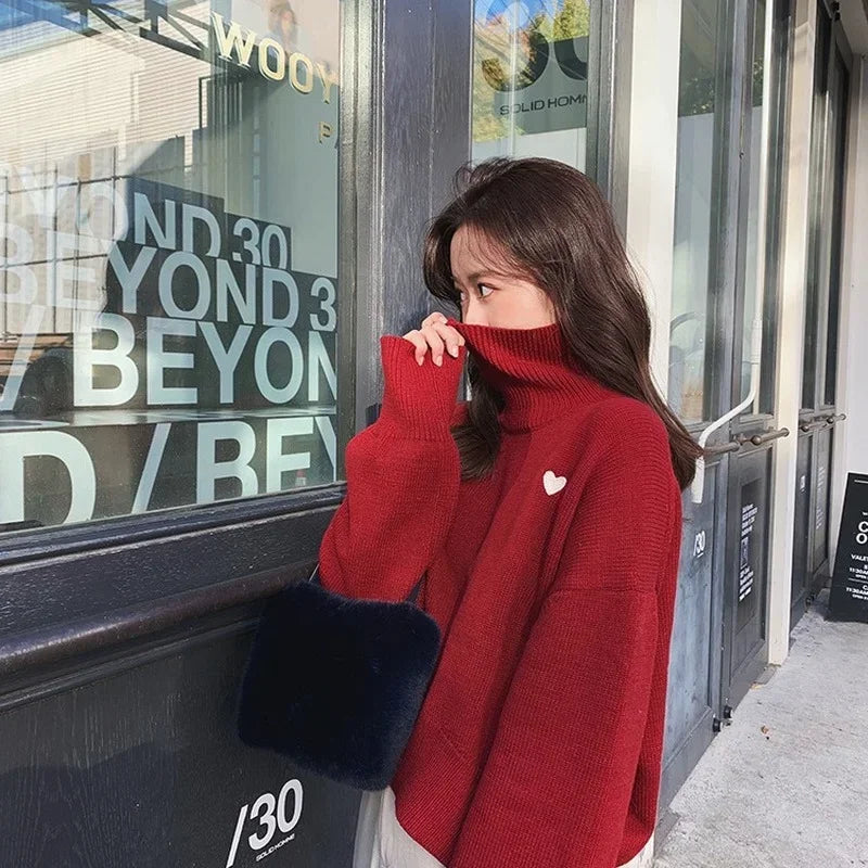 Heart Embroidery Turtleneck Sweater – Thick Warm Knit