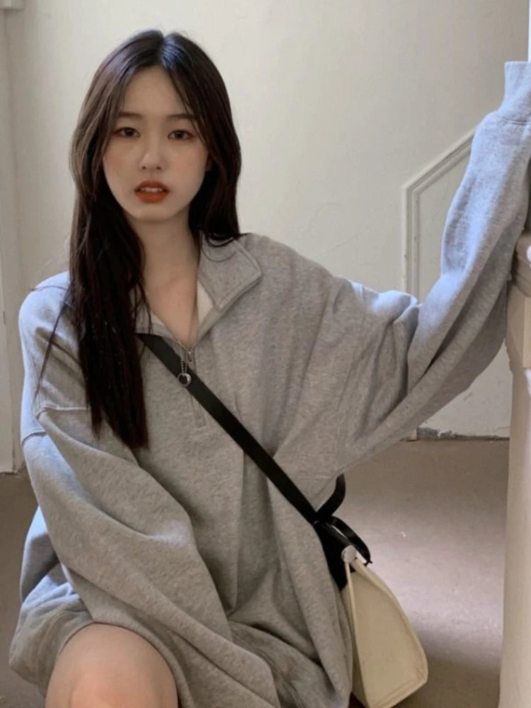 Vintage Oversized Sweatshirt – Zip Polo Collar Pullover