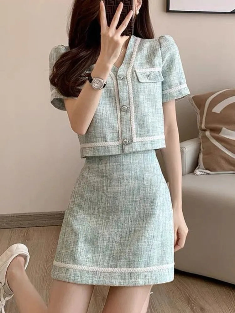French Vintage Two-Piece Set – Short Jacket Coat + Mini Skirt
