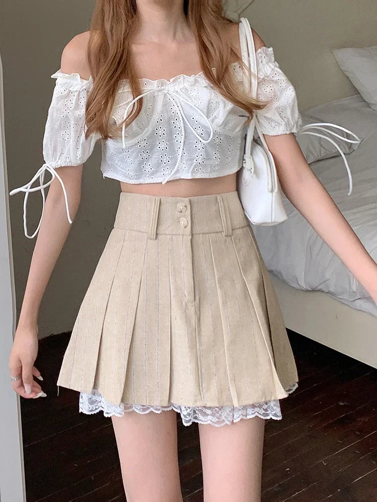 Khaki Lace Trim Button-Up Mini Skirt – High Waist Preppy Look