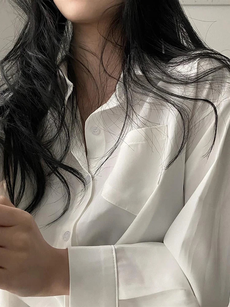 Solid Long Sleeve Button-Up Blouse – Chiffon & Short Style