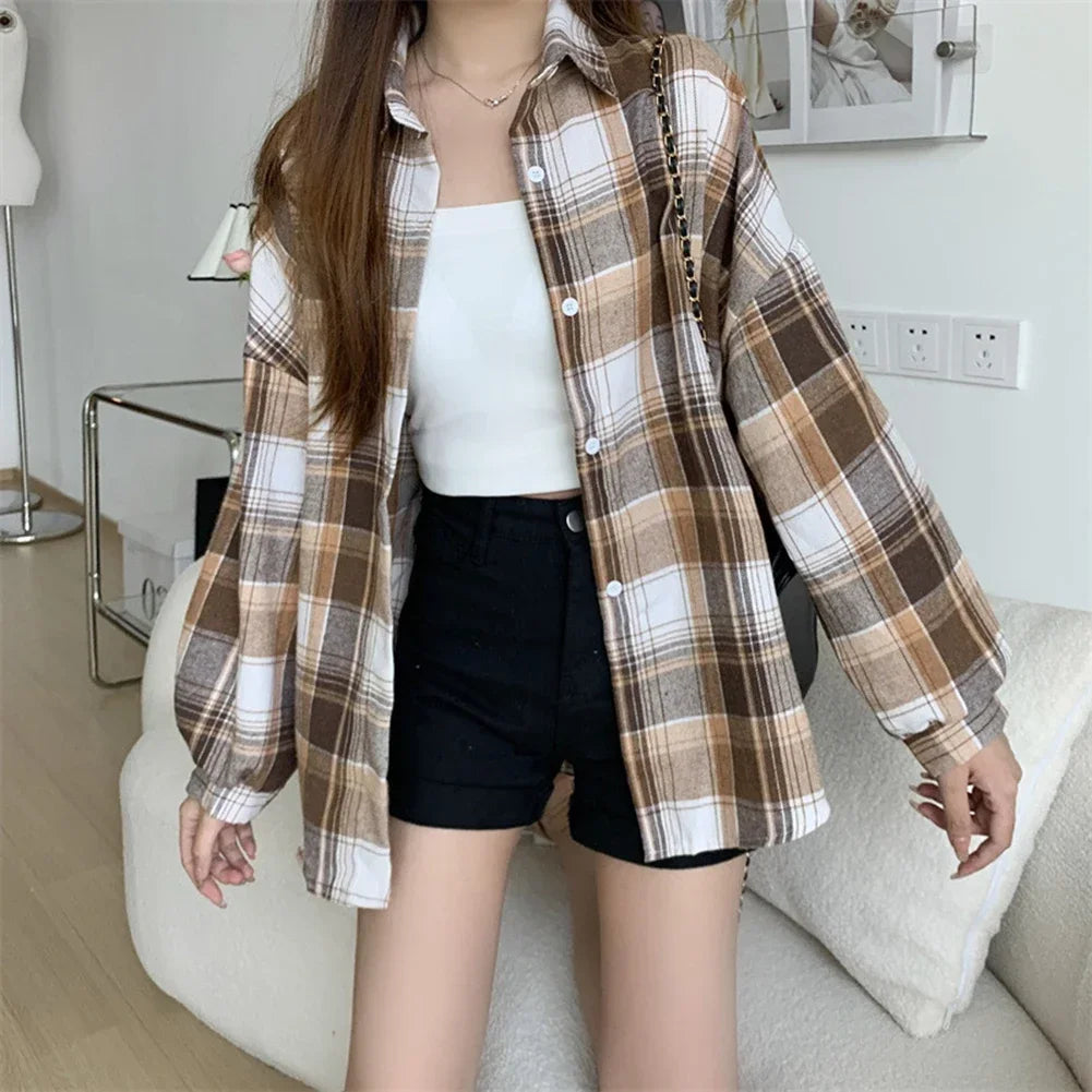 Vintage Plaid Check Shirt – Single Breasted Loose Fit