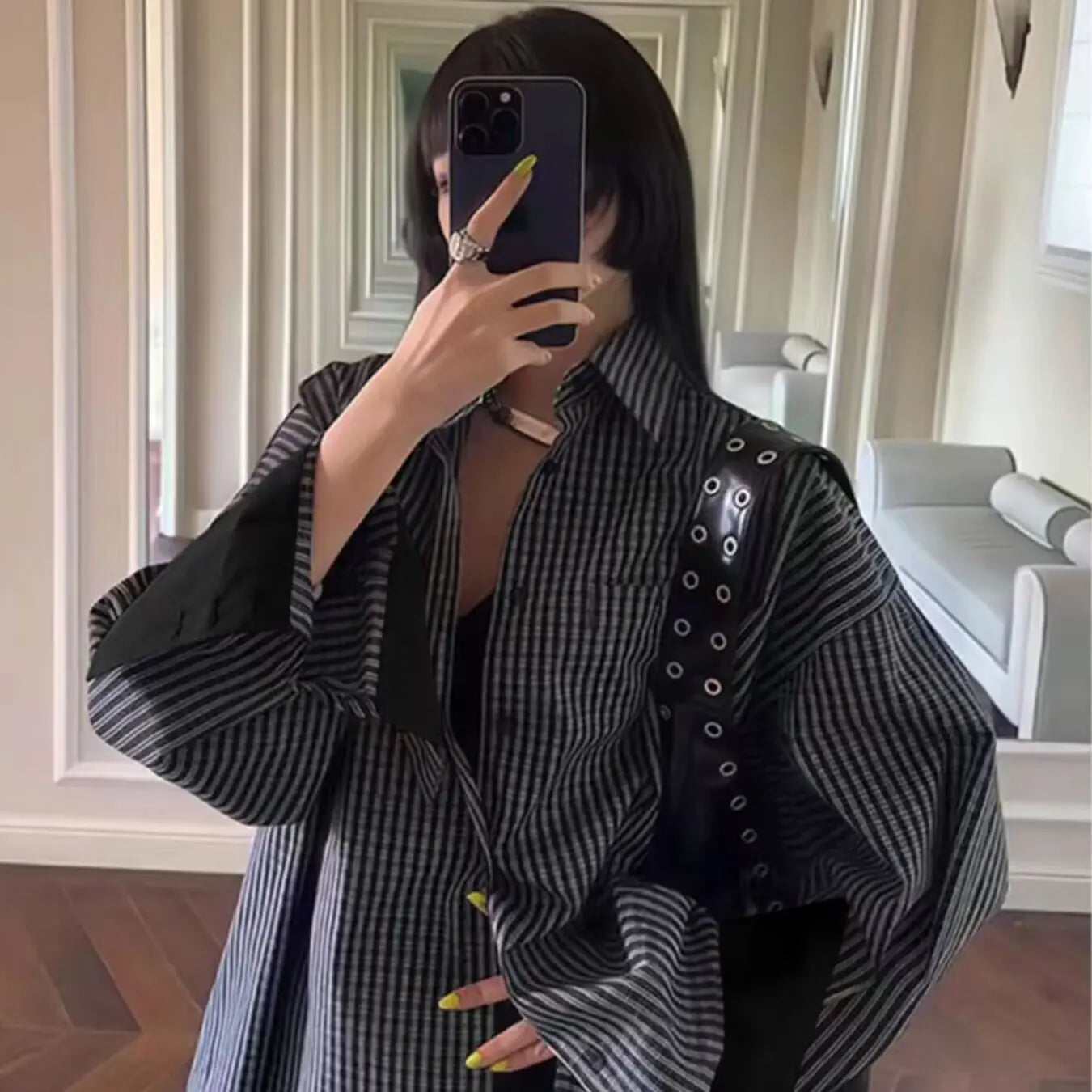 Vintage Plaid Contrast Blouse – Flip Sleeve