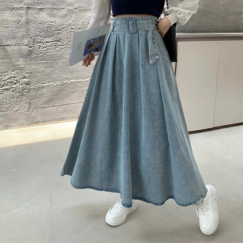 A-line Pleated Skirt – Long Jean Style, Vintage 2000s Look
