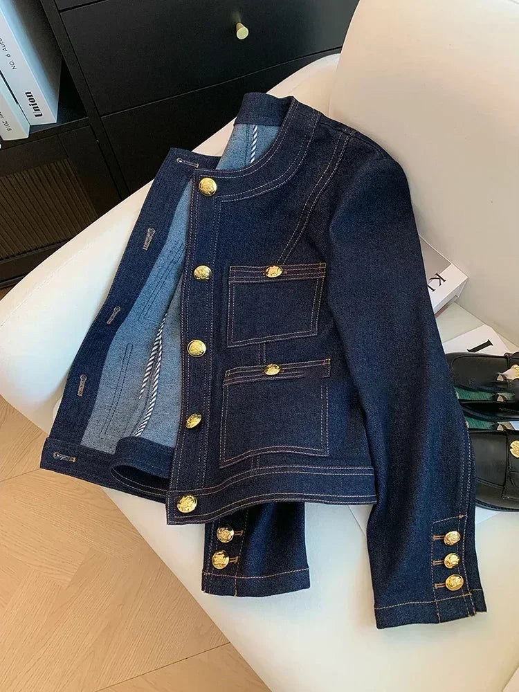 Blue Denim Short Coat – Pocket Detail & Classic Style
