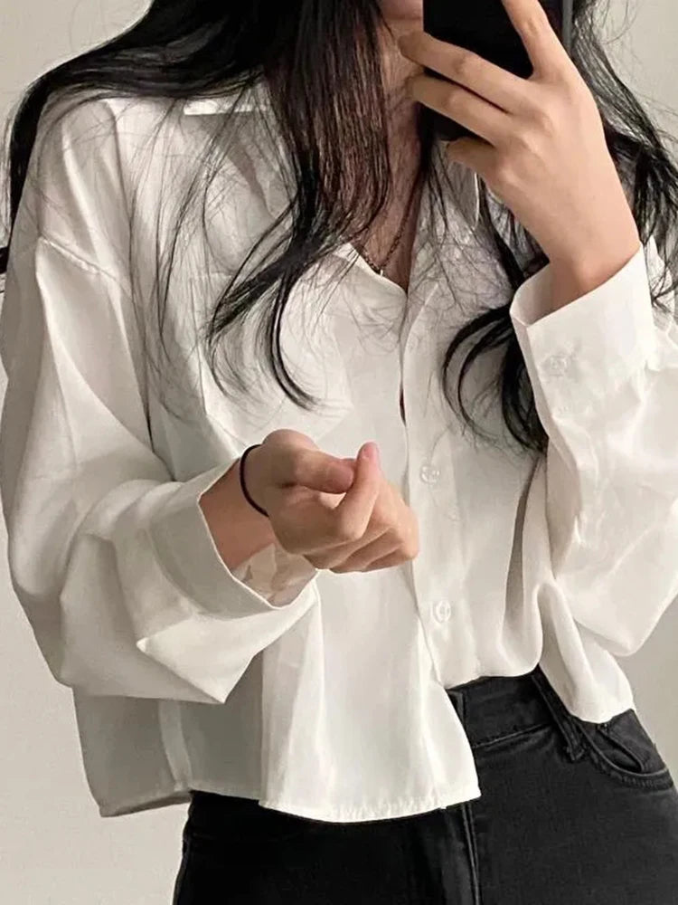 Solid Long Sleeve Button-Up Blouse – Chiffon & Short Style