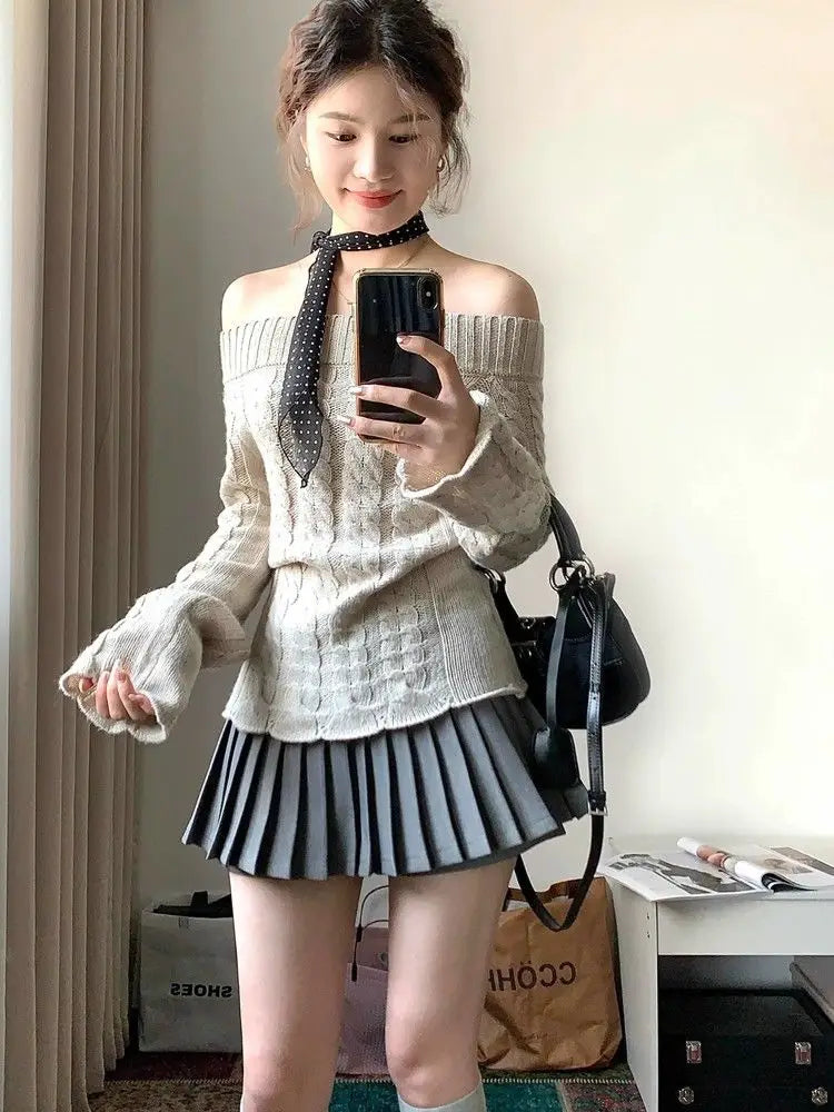 Off-Shoulder Knit Pullover – Long Sleeve