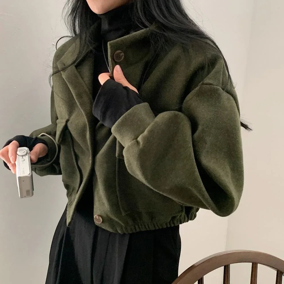 Solid Stand Collar Jacket – Vintage Loose Fit for Fall