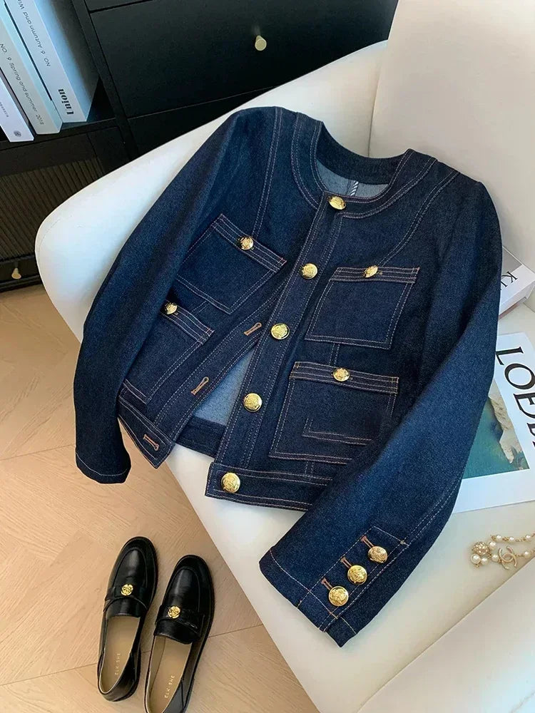 Blue Denim Short Coat – Pocket Detail & Classic Style