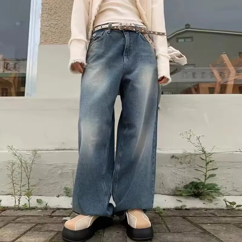 Retro Back Pocket High Waist Denim Pants – Casual Loose Fit
