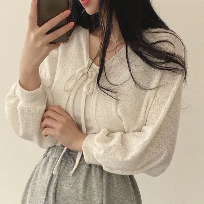 White Lace-Up Knit Cardigan – Lightweight Sun Cover