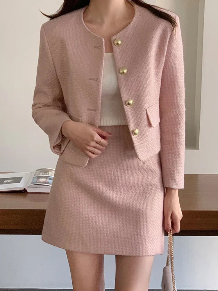 Autumn Elegant Two-Piece Set – Long Sleeve Jacket Coat + Mini Skirt