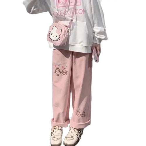 Pink Print Pants – Spring Cartoon High Waist Trousers