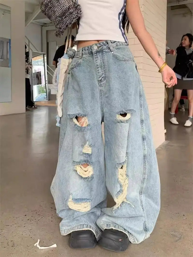 Oversize Vintage Ripped Wide-Leg Jeans – Casual Baggy Denim Pants