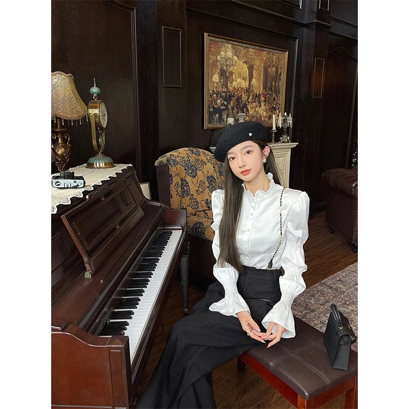 White Long Sleeve Blouse – Stand Collar Office Wear