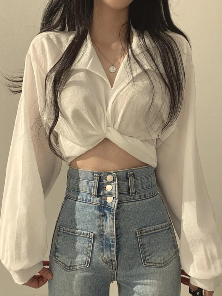 Cropped Back Bow Blouse – Slim Long Sleeve Top