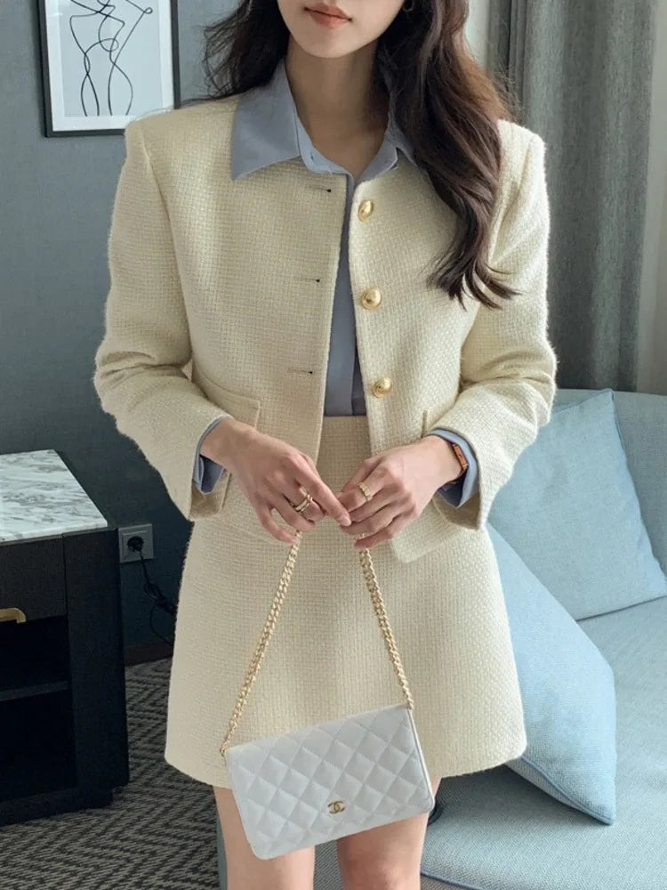 Autumn Elegant Two-Piece Set – Long Sleeve Jacket Coat + Mini Skirt