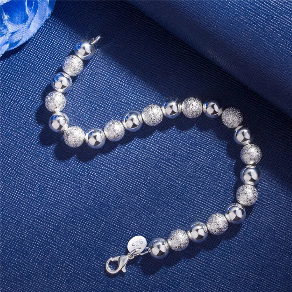 925 Sterling Silver 8MM Sanding Bright Bead Bracelet