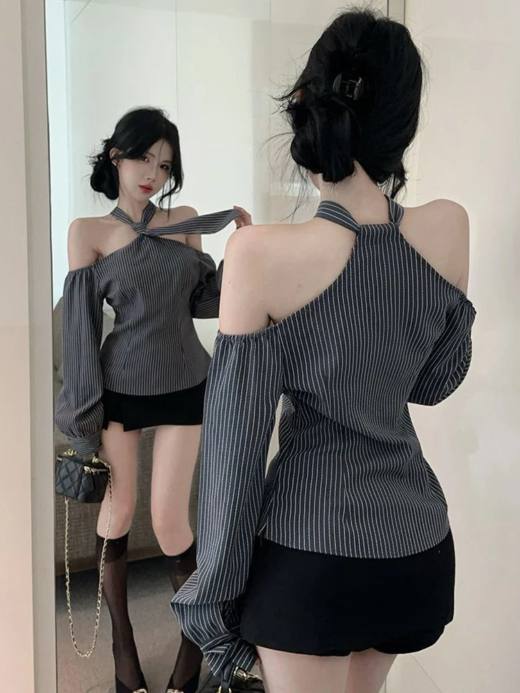 Halter Striped Shirt – Off-Shoulder Lace-Up Top