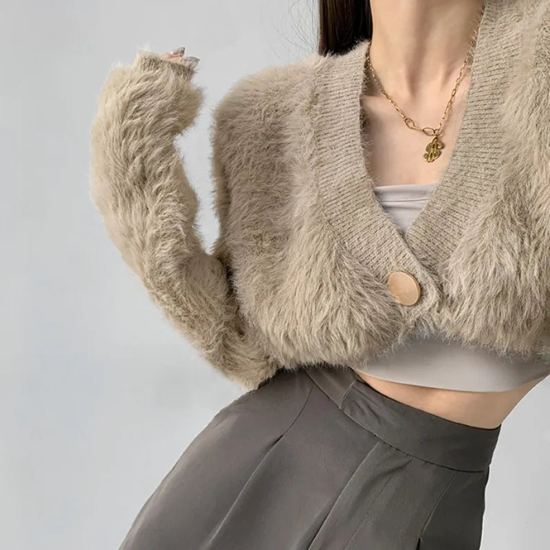 Plush Mink Knit Cardigan – Fluffy Cropped V-Neck