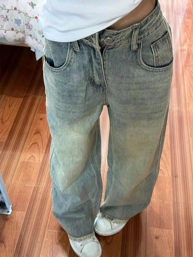 Retro Loose Flare Jeans – Wide Leg Raw Edge Denim
