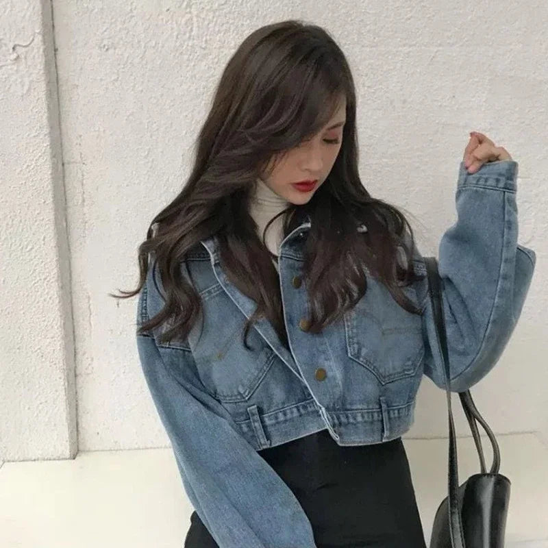Cropped Denim Jacket – Back Split Bomber with Lapel and Buttons