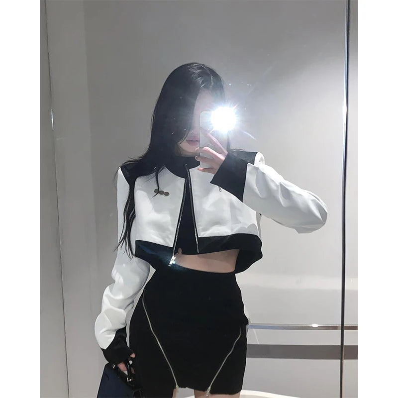 Cropped PU Leather Jacket Women Patchwork Motorcycle Short Coat Vintage Streetwear