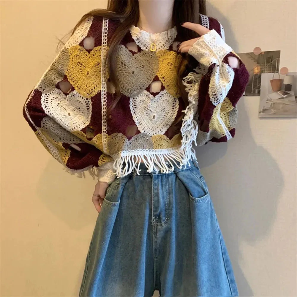 Vintage Hollow-Out Sweater – O-Neck Tassel Long Sleeve Knit Top